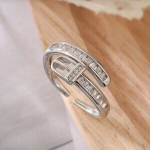 Classic Silver and Diamond CZ Belt Shaped Open Adjustable Ring